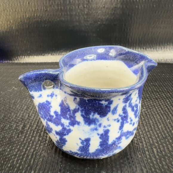 Vintage Miniature Cobalt Blue White Spongeware Pottery Stoneware Hanging Pitcher - Picture 2 of 11